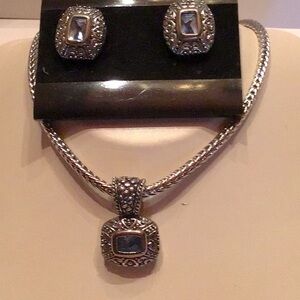 New Necklace/Clip Earring Set. Gun metal color, blue stone, 18”L